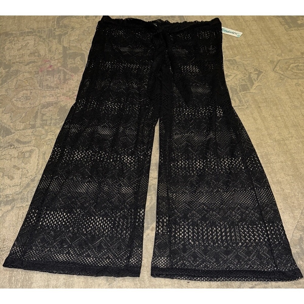 New Black Tie Front Pull On Wide Leg Swim Coverup Pants PLUS SZ XXL 2XL Womens